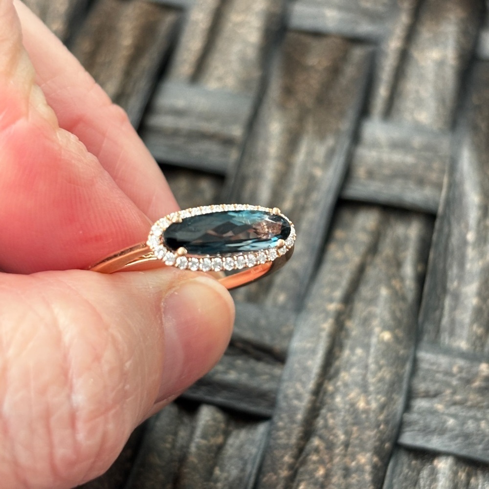 14k rose gold ring with London blue topaz and natural diamond halo. - Picture 10 of 11